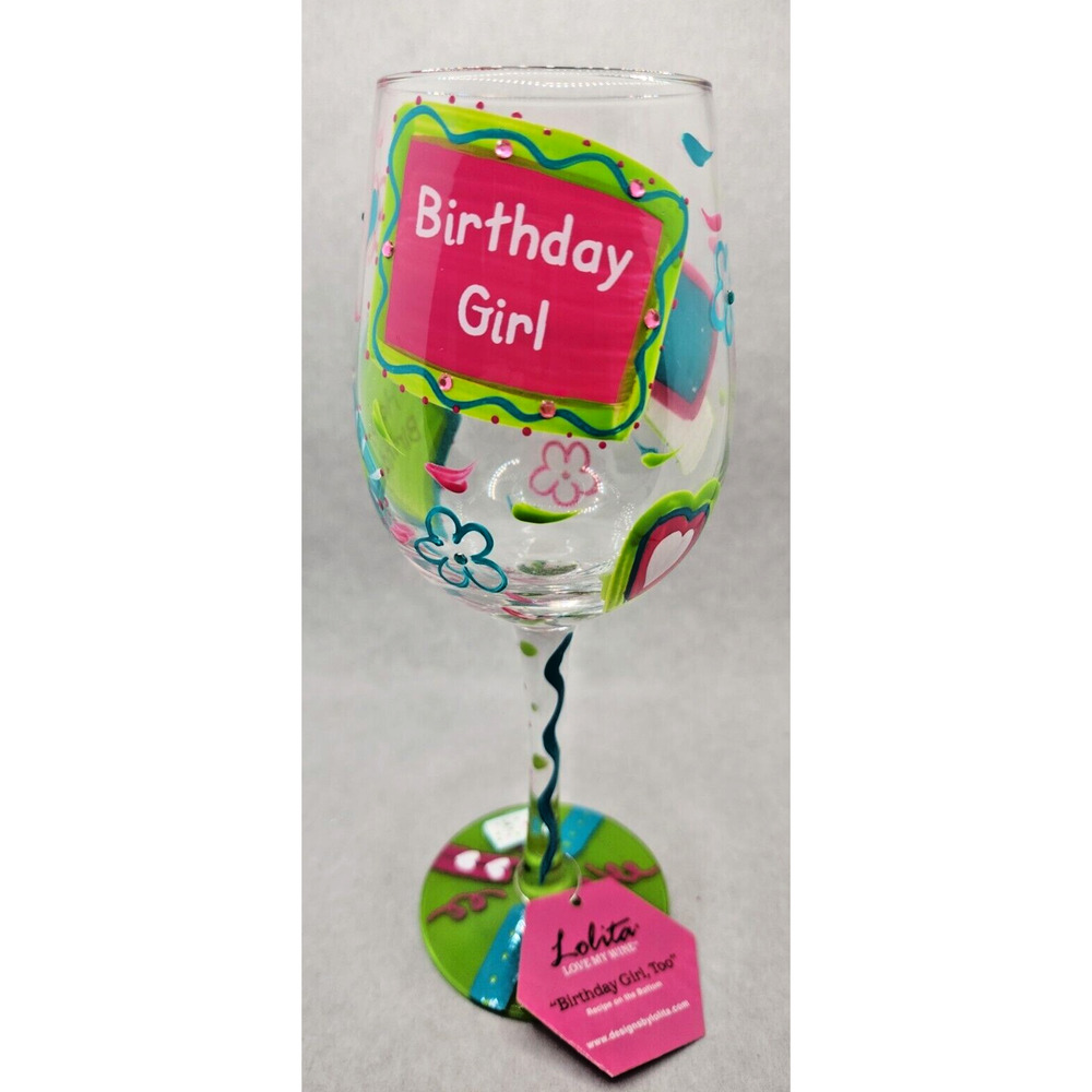 Lolita Birthday Girl, Too Wine glass pink heart drinkware decor New Tag MS